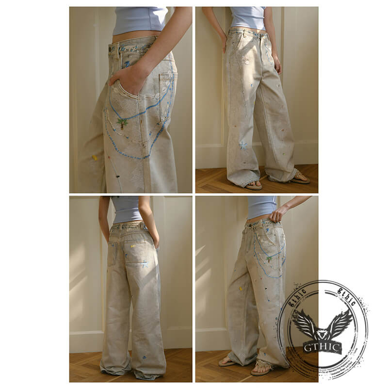 Fashion Starfish Shell Print Versatile Holiday Style Jeans