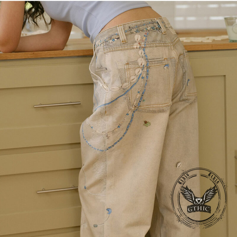 Fashion Starfish Shell Print Versatile Holiday Style Jeans | Gthic.com