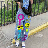 Fashion Street Graffiti Smiley Skull Print Wide-Leg Jeans 02 | Gthic.com