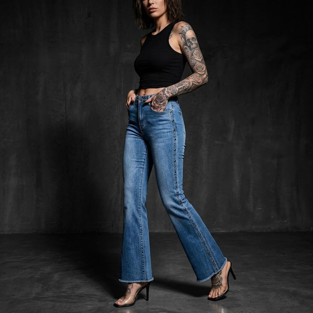 Fashion Stretch Side Studs Raw Hem Bootcut Jeans | Gthic.com