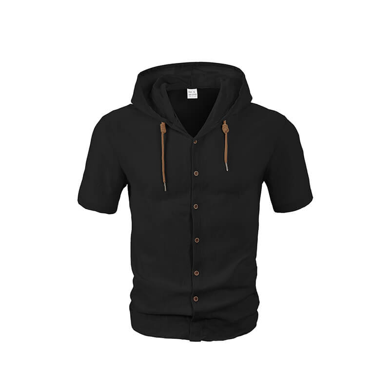 Fashion Thin Breathable Hooded Short Sleeve Linen Shirt