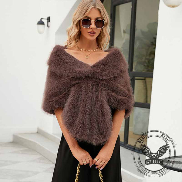 Fashion V-Neck Faux Fur Party Gown Plush Shawl | Gthic.com
