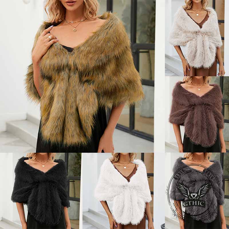 Fashion V-Neck Faux Fur Party Gown Plush Shawl | Gthic.com