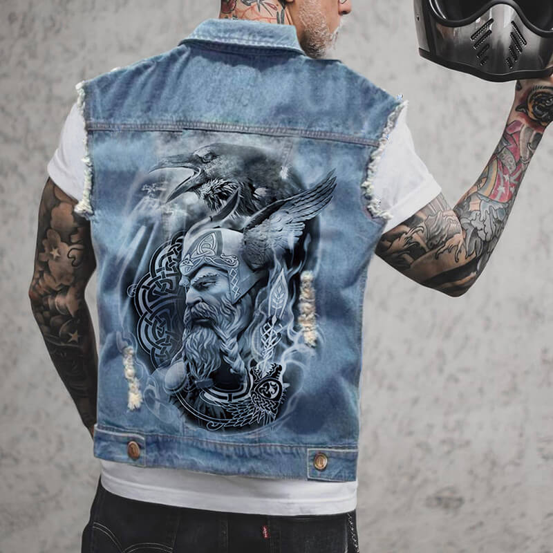 Fashion Viking Print Lapel Ripped Denim Vest | Gthic.com