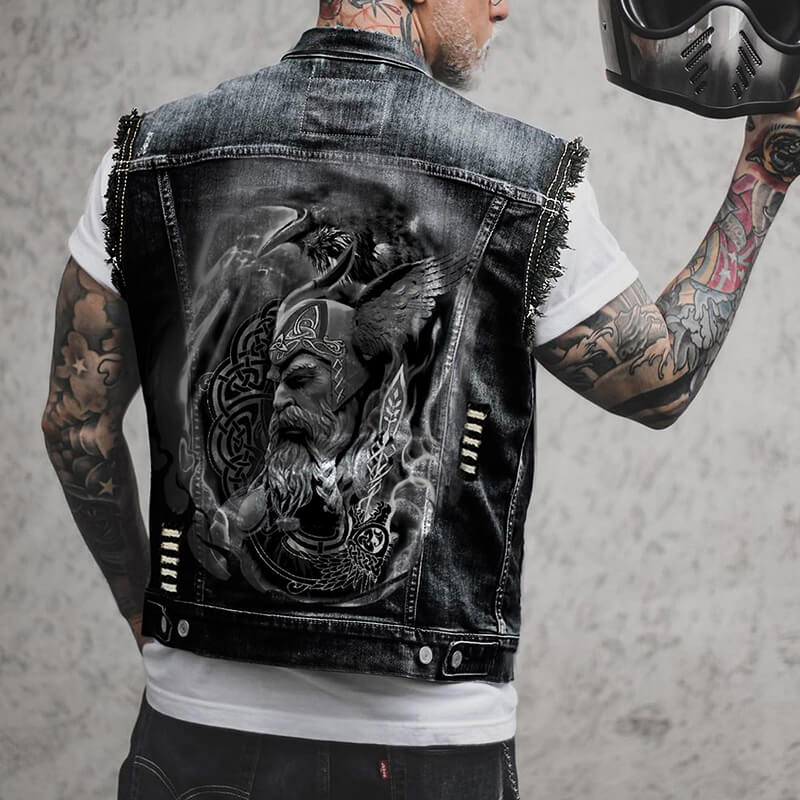 Fashion Viking Print Lapel Ripped Denim Vest | Gthic.com