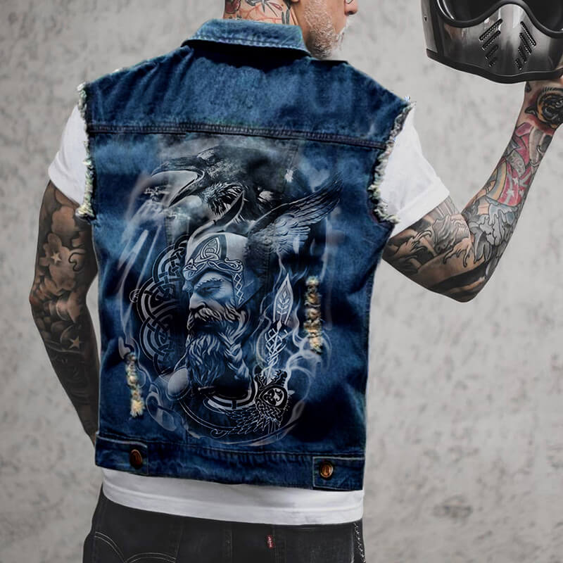 Fashion Viking Print Lapel Ripped Denim Vest | Gthic.com