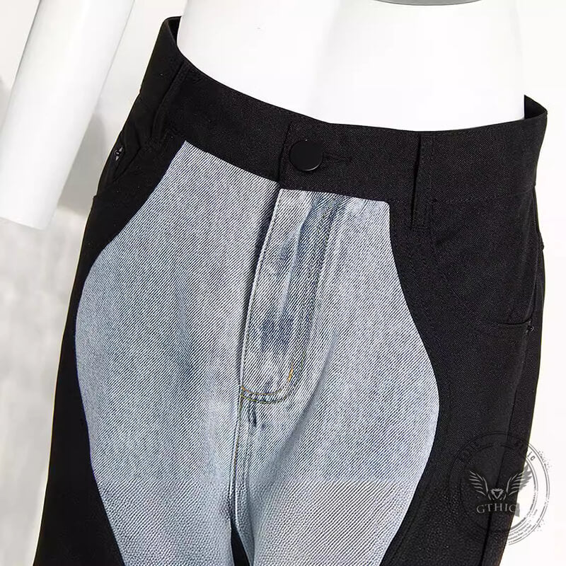 Fashion Wave Denim Patchwork Straight-Leg Pants | Gthic.com