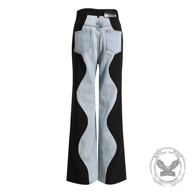 Fashion Wave Denim Patchwork Straight-Leg Pants | Gthic.com