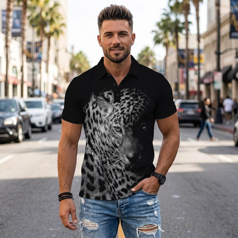 Fashion Wild Cheetah Print Short Sleeve Polo Shirt
