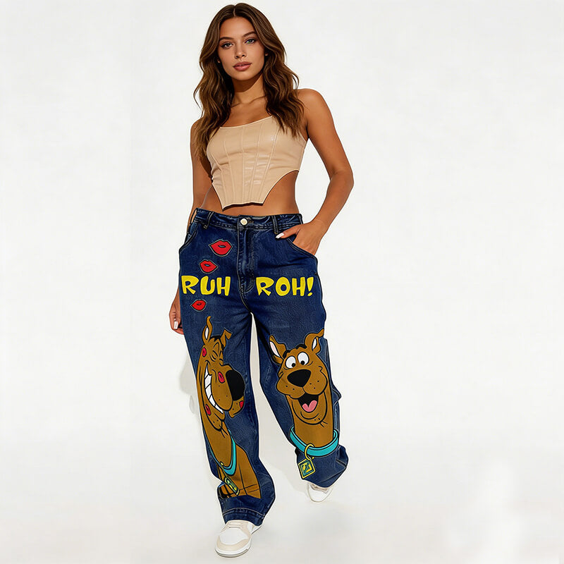 Fashion Y2K Cartoon Pattern High Waist Jeans | Gthic.com