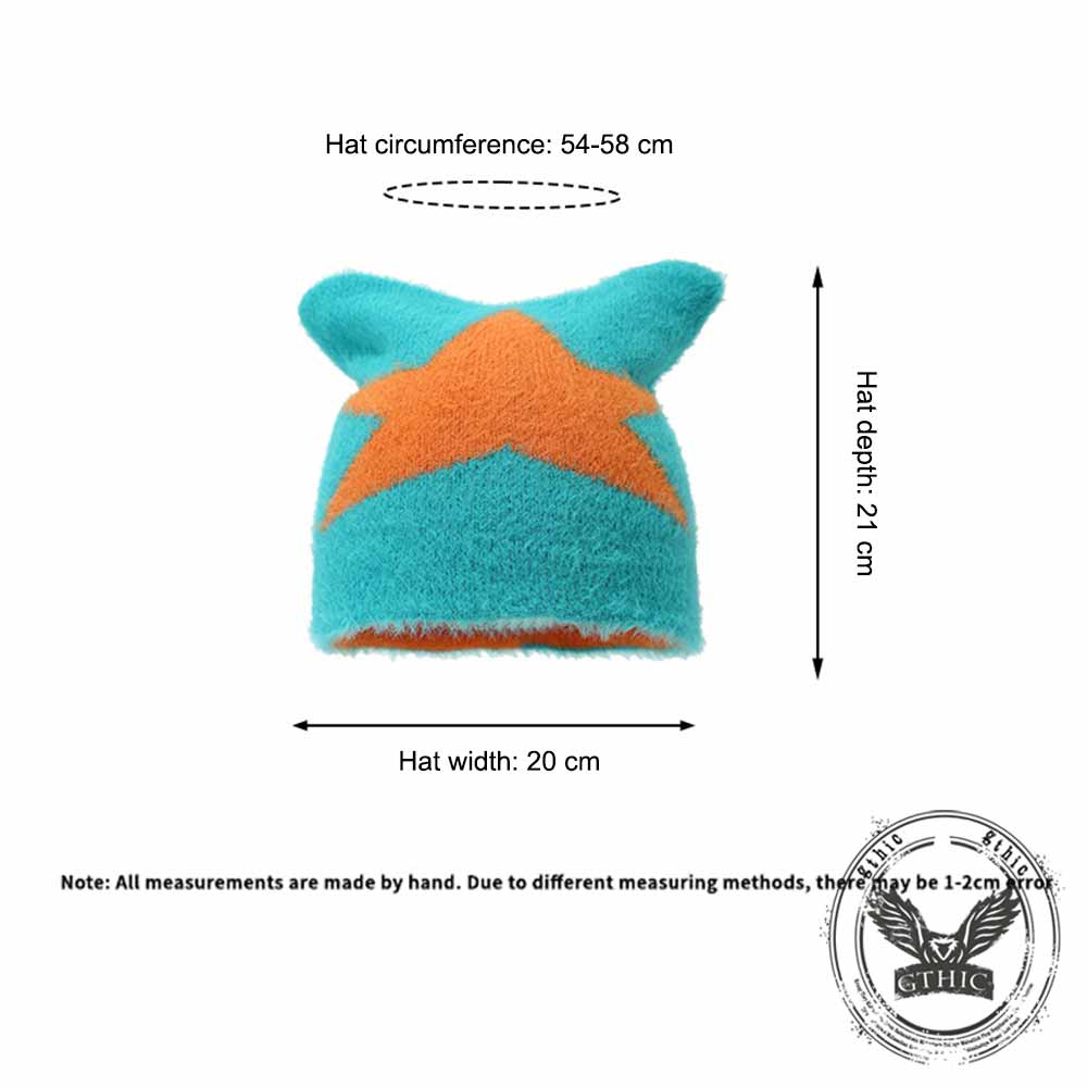 Fashion Y2K Cat Ear Star Print Knitted Beanie Hat