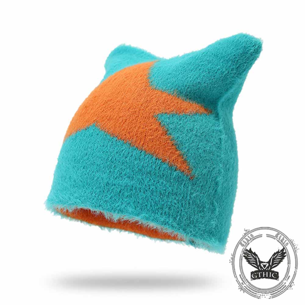 Fashion Y2K Cat Ear Star Print Knitted Beanie Hat | Gthic.com