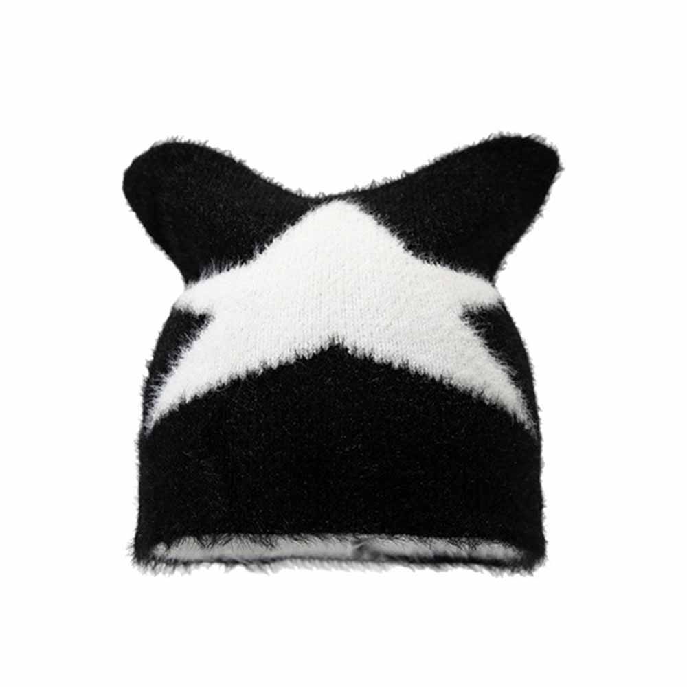 Fashion Y2K Cat Ear Star Print Knitted Beanie Hat | Gthic.com