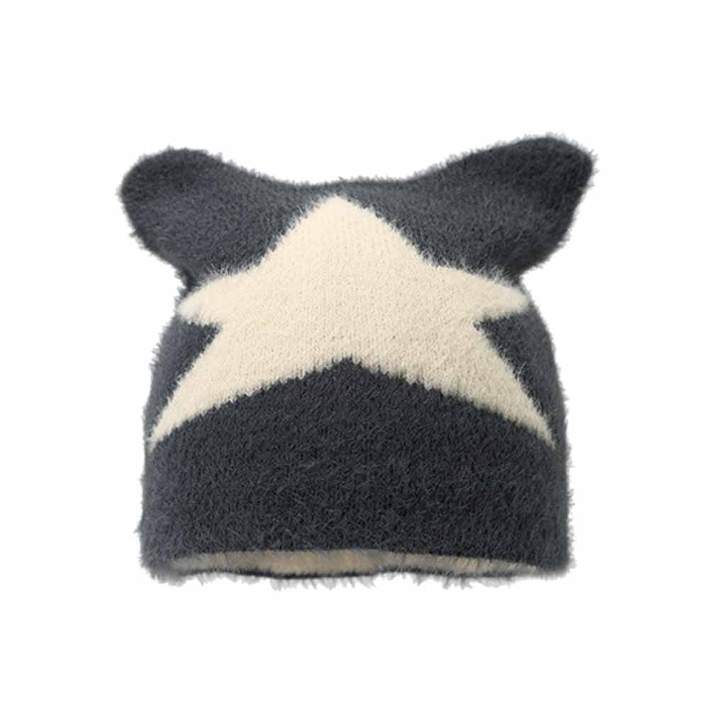 Fashion Y2K Cat Ear Star Print Knitted Beanie Hat