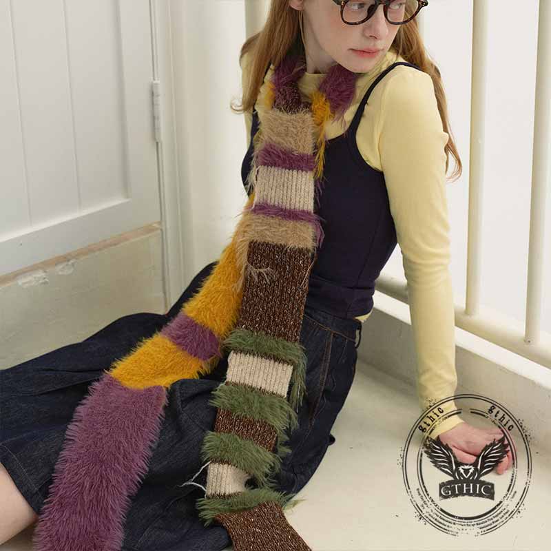 Fashion Y2K Colorblock Striped Knitted Tassel Scarf | Gthic.com