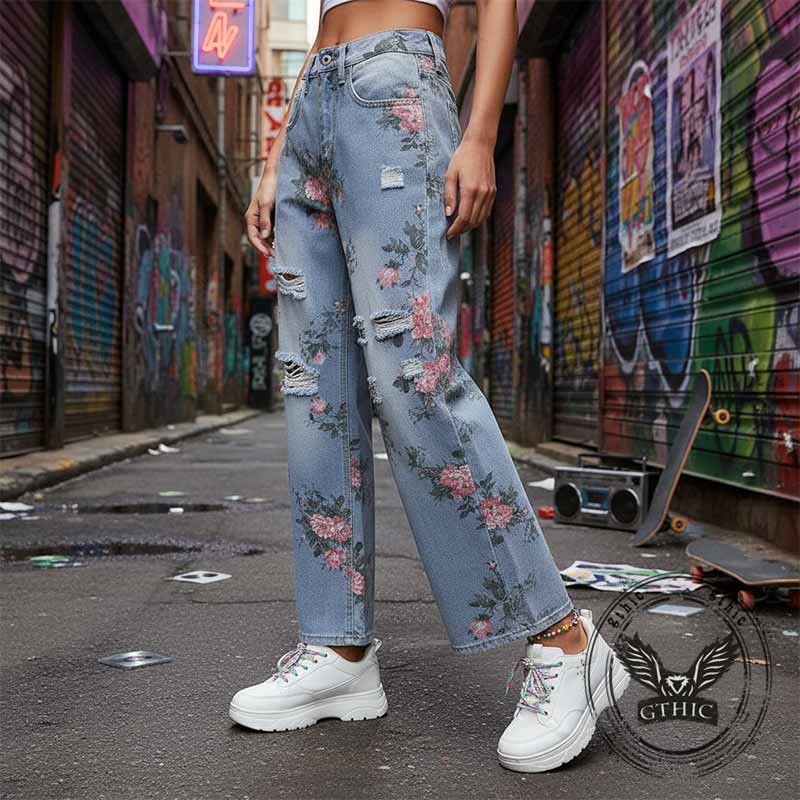Fashion Y2K Floral Print Ripped Straight Jeans | Gthic.com