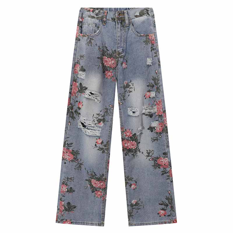 Fashion Y2K Floral Print Ripped Straight Jeans | Gthic.com