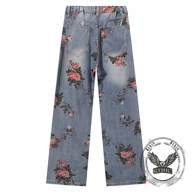 Fashion Y2K Floral Print Ripped Straight Jeans | Gthic.com