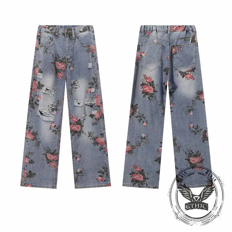 Fashion Y2K Floral Print Ripped Straight Jeans