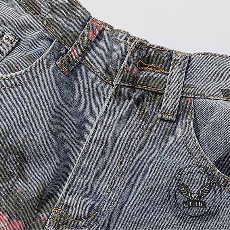 Fashion Y2K Floral Print Ripped Straight Jeans