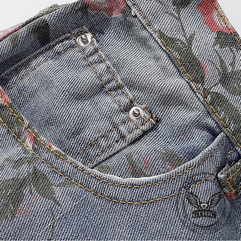 Fashion Y2K Floral Print Ripped Straight Jeans