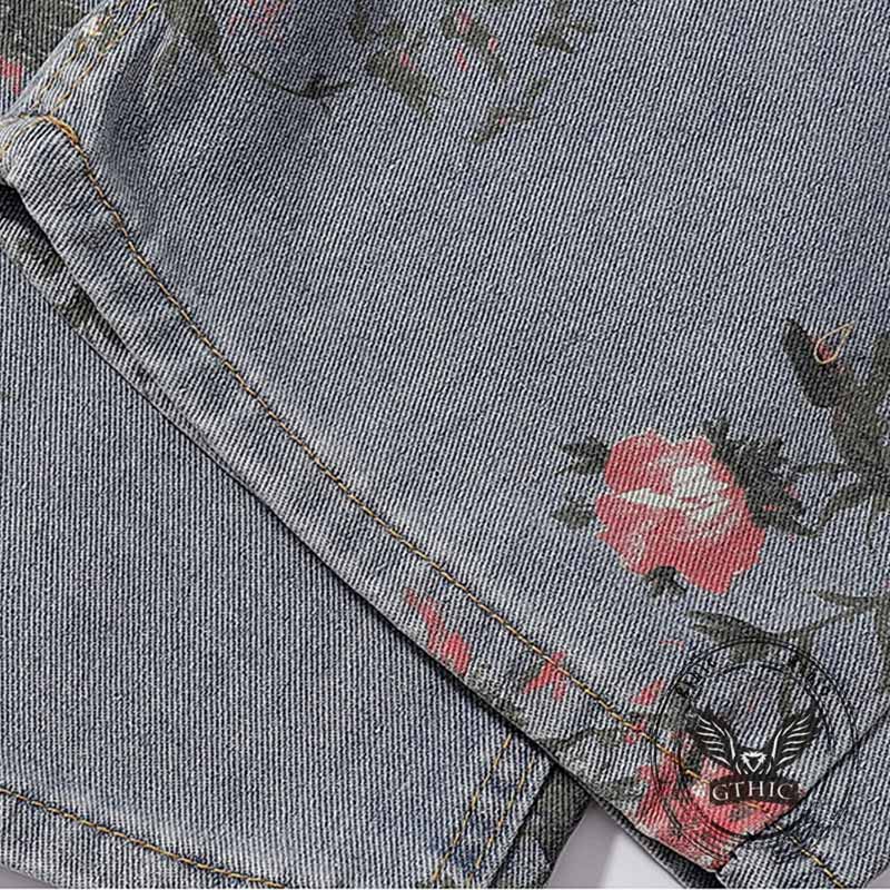 Fashion Y2K Floral Print Ripped Straight Jeans