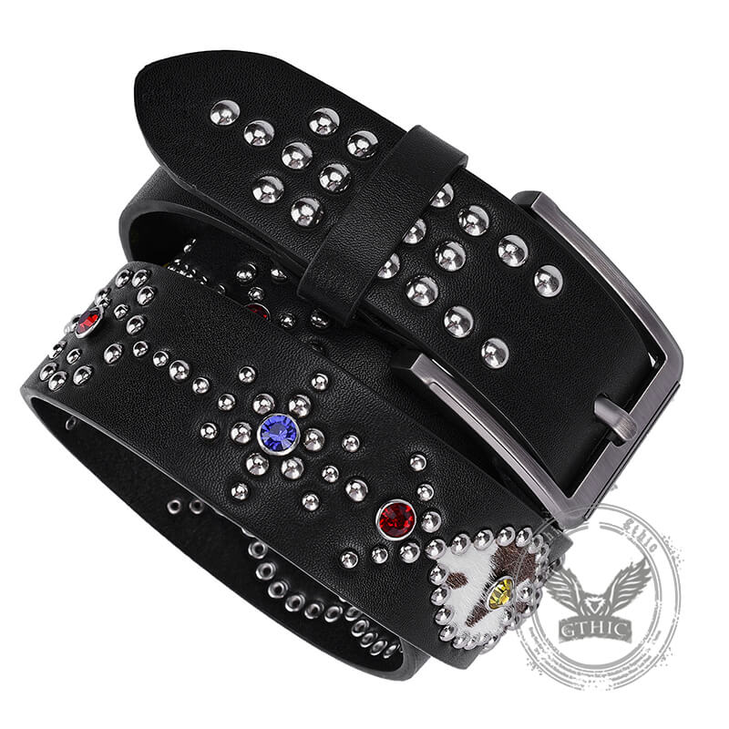 Fashion Y2K Rivet Colorful Rhinestone PU Leather Belt | Gthic.com