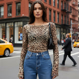 Fashionable Animal Print Lightweight Bell Sleeve Top
