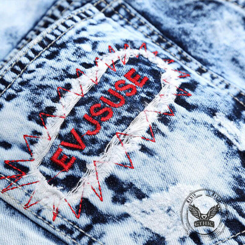 Fashionable Embroidered Ripped Colorblock Straight Jeans | Gthic.com