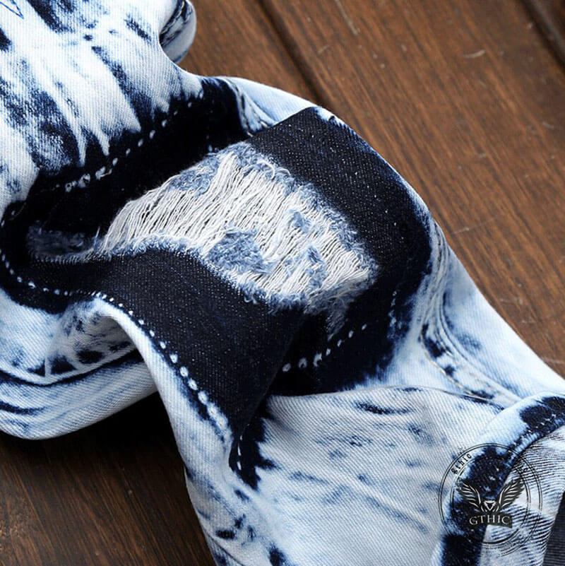 Fashionable Embroidered Ripped Colorblock Straight Jeans | Gthic.com