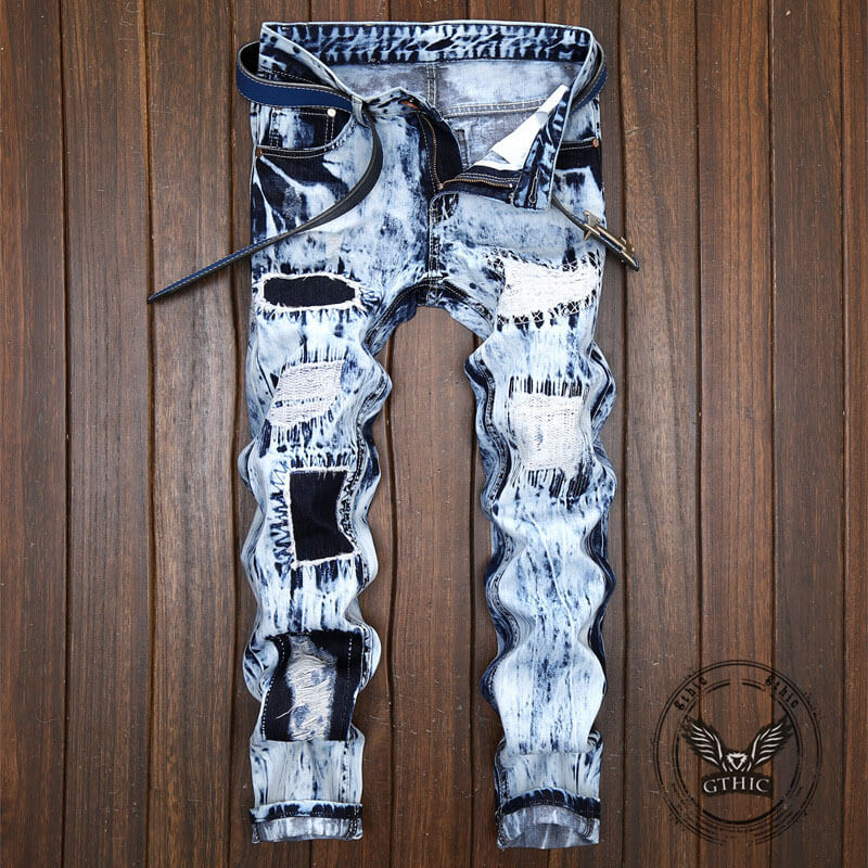 Fashionable Embroidered Ripped Colorblock Straight Jeans | Gthic.com
