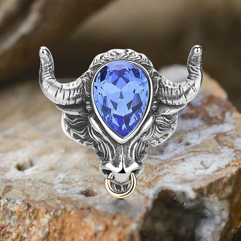 Fashionable Multicolor Gem Bull Head Stainless Steel Ring | Gthic.com
