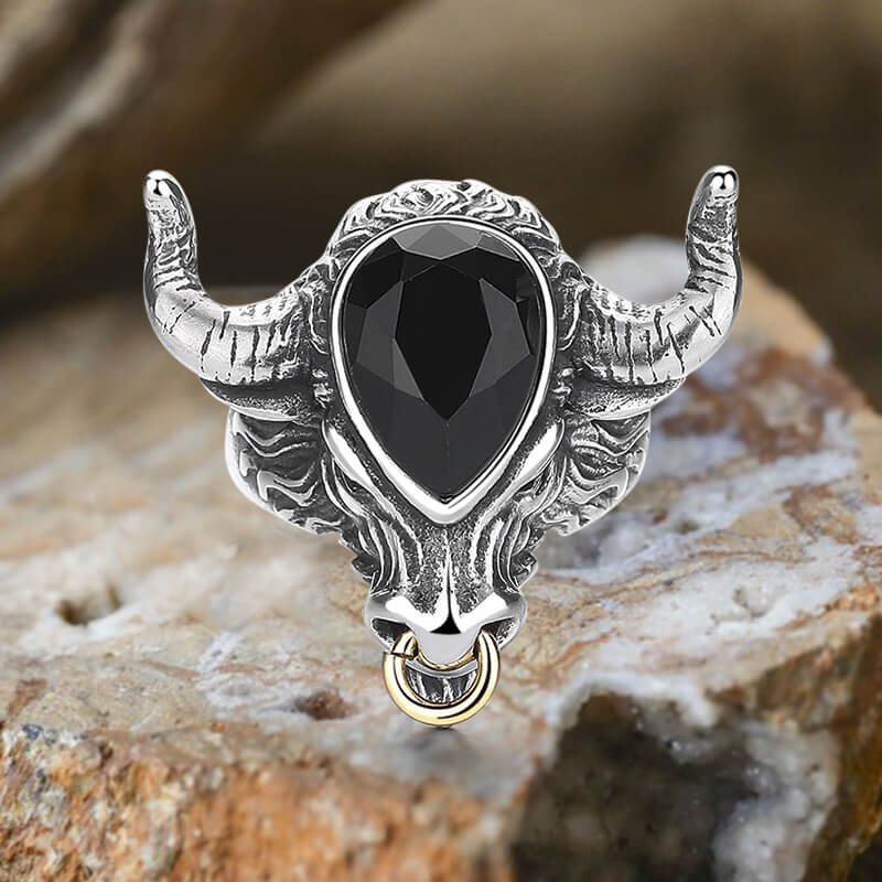 Fashionable Multicolor Gem Bull Head Stainless Steel Ring | Gthic.com