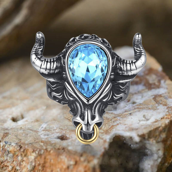 Fashionable Multicolor Gem Bull Head Stainless Steel Ring | Gthic.com