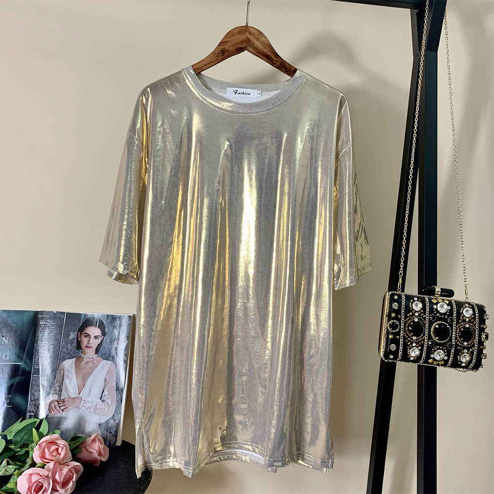 Fashionable Shiny Mid-Length Loose Round Neck T-Shirt | Gthic.com