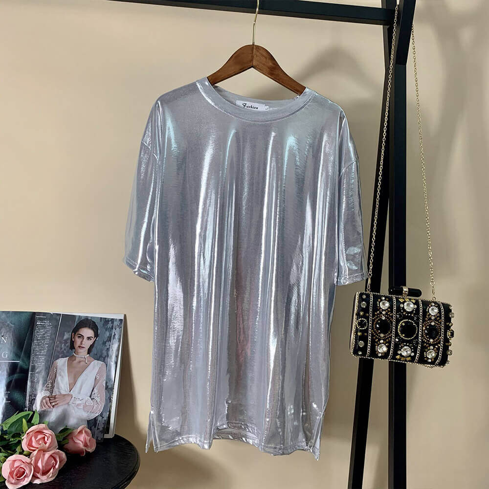 Fashionable Shiny Mid-Length Loose Round Neck T-Shirt | Gthic.com