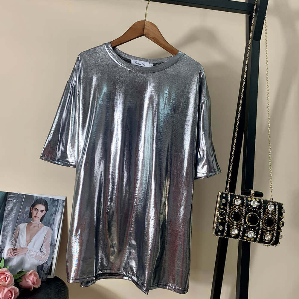 Fashionable Shiny Mid-Length Loose Round Neck T-Shirt | Gthic.com