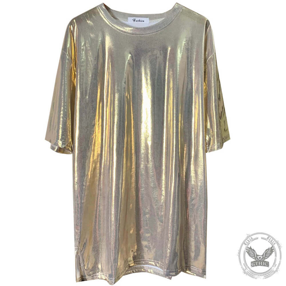 Fashionable Shiny Mid-Length Loose Round Neck T-Shirt | Gthic.com