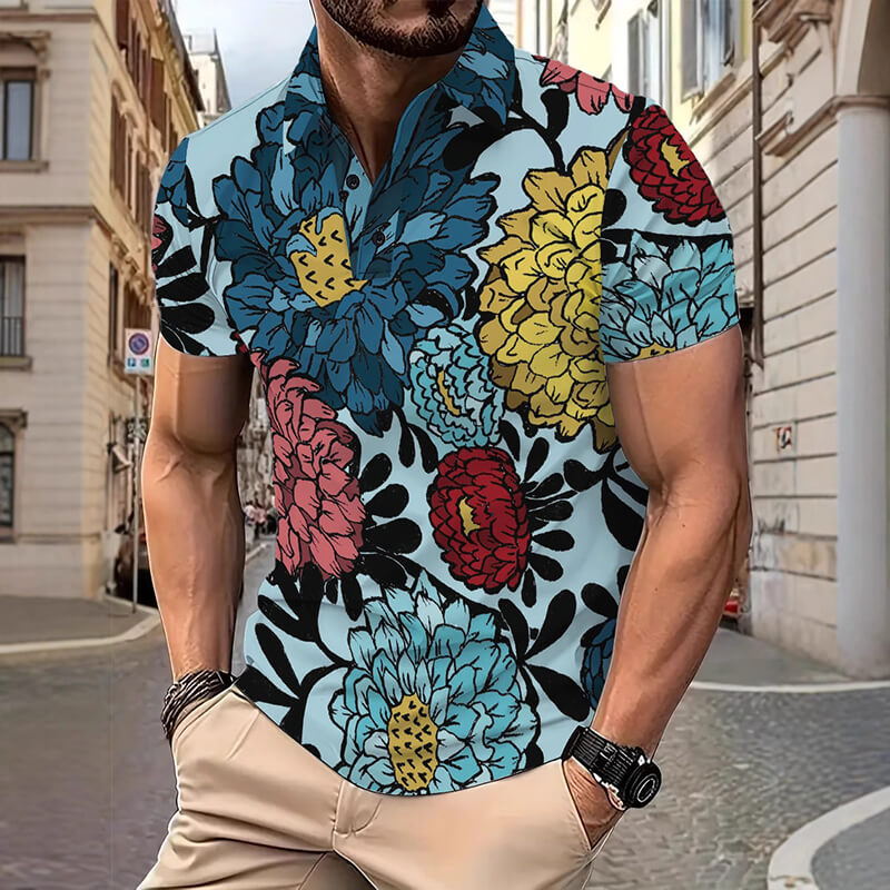 Fashionable Summer Floral Print Short Sleeve Polo Shirt | Gthic.com