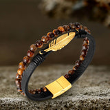 Feather Tiger’s Eye Leather Beaded Bracelet | Gthic.com