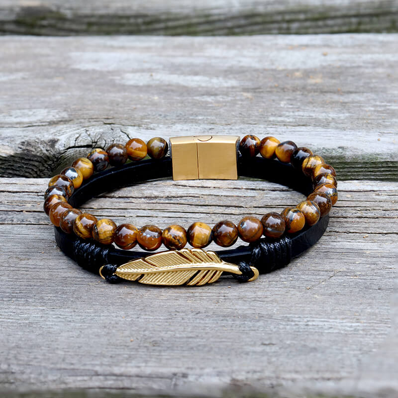 HIUS Men's Leather Bracelet With Tiger Eye Beads - Braided, Adjustable, 8 Inch