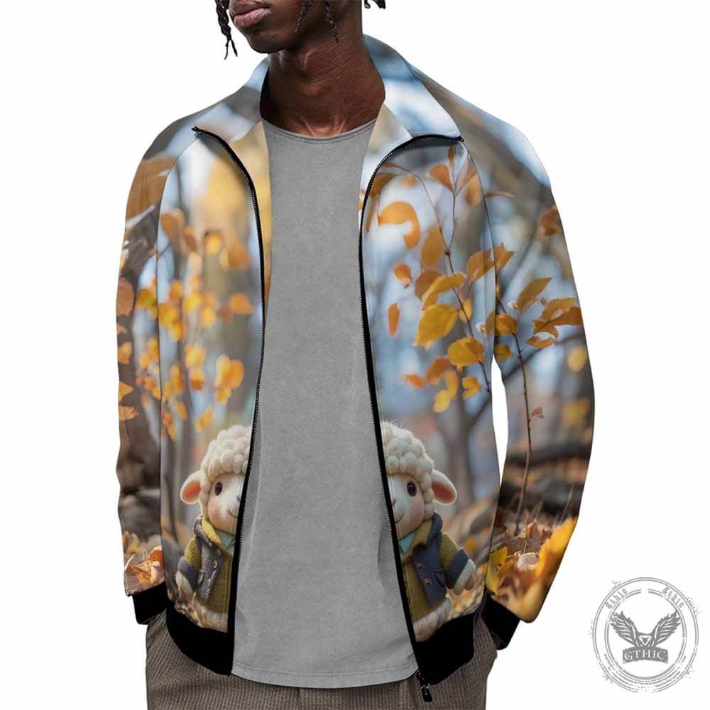 Felt Lamb Print Leaf Stand Collar Zip-Up Jacket | Gthic.com