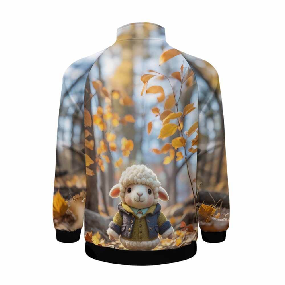 Felt Lamb Print Leaf Stand Collar Zip-Up Jacket | Gthic.com