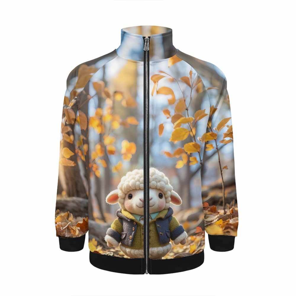 Felt Lamb Print Leaf Stand Collar Zip-Up Jacket | Gthic.com