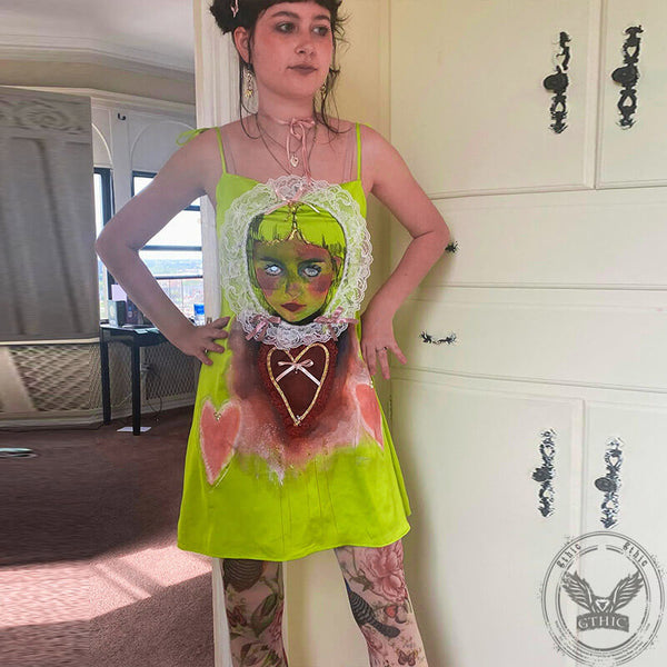 Female Portrait Lace Print Suspender Dress | Gthic.com