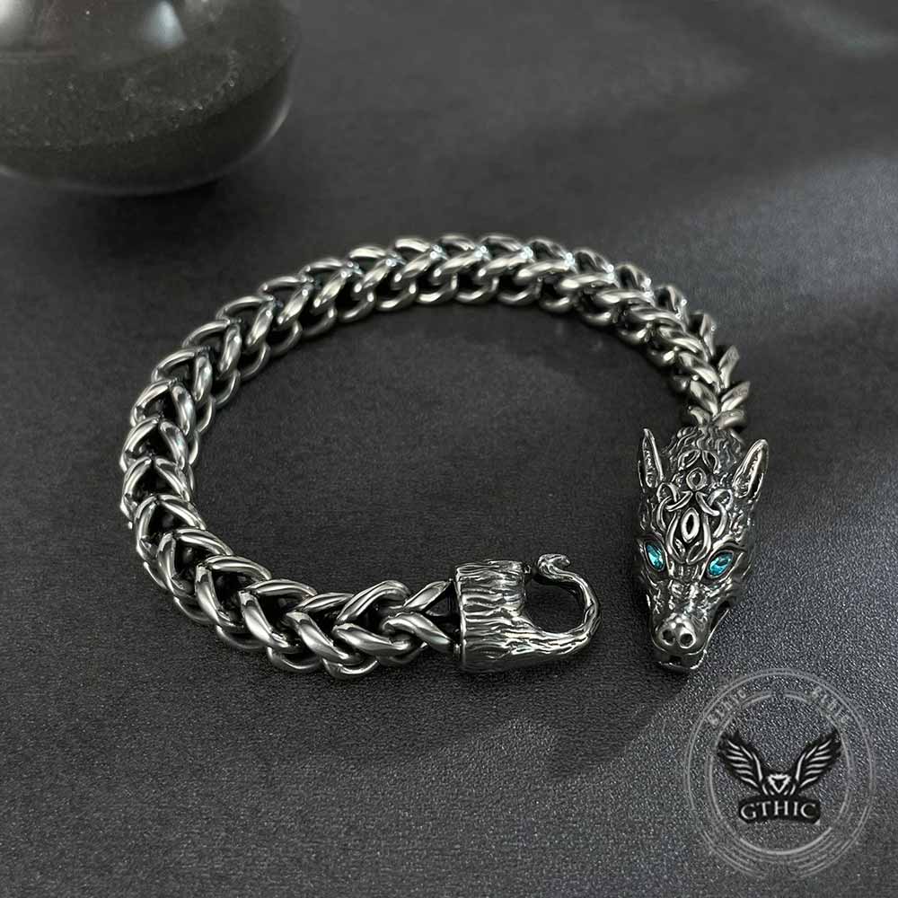 Fenrir Wolf Head Gem Eye Stainless Steel Bracelet | Gthic.com