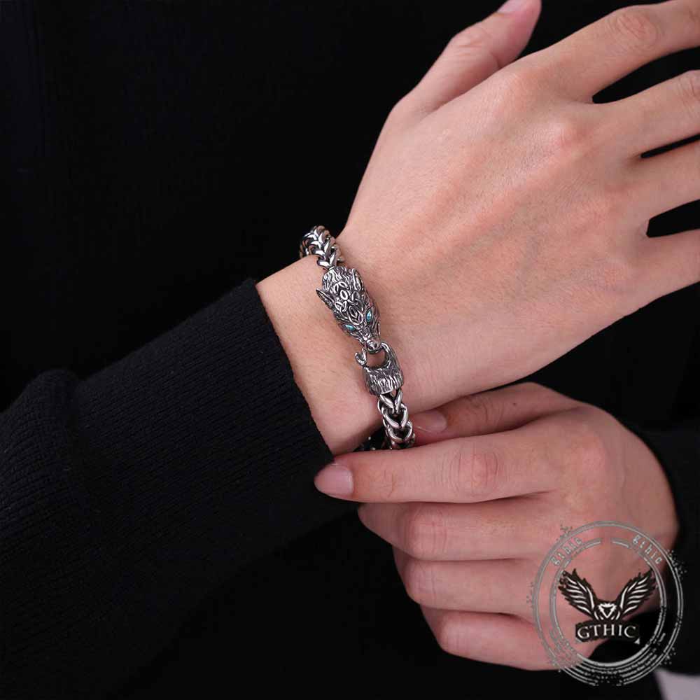 Fenrir Wolf Head Gem Eye Stainless Steel Bracelet | Gthic.com