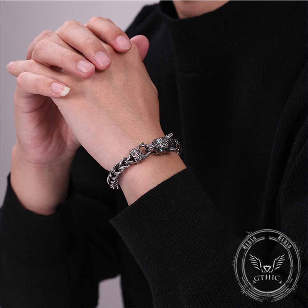 Fenrir Wolf Head Gem Eye Stainless Steel Bracelet | Gthic.com