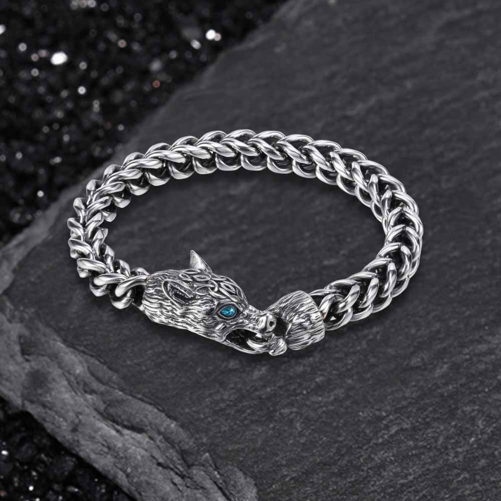Fenrir Wolf Head Gem Eye Stainless Steel Bracelet | Gthic.com