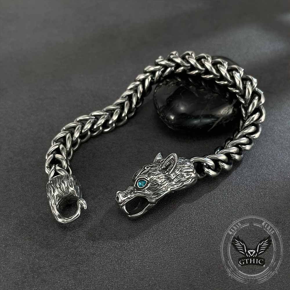 Fenrir Wolf Head Gem Eye Stainless Steel Bracelet